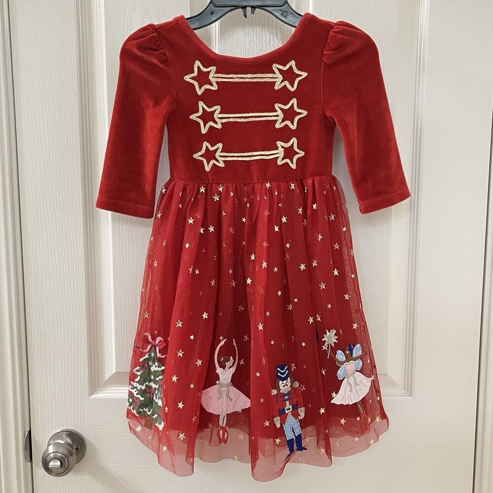 Mini Boden Red Nutcracker Applique Christmas Tulle Dress Velour Girls Size 5-6